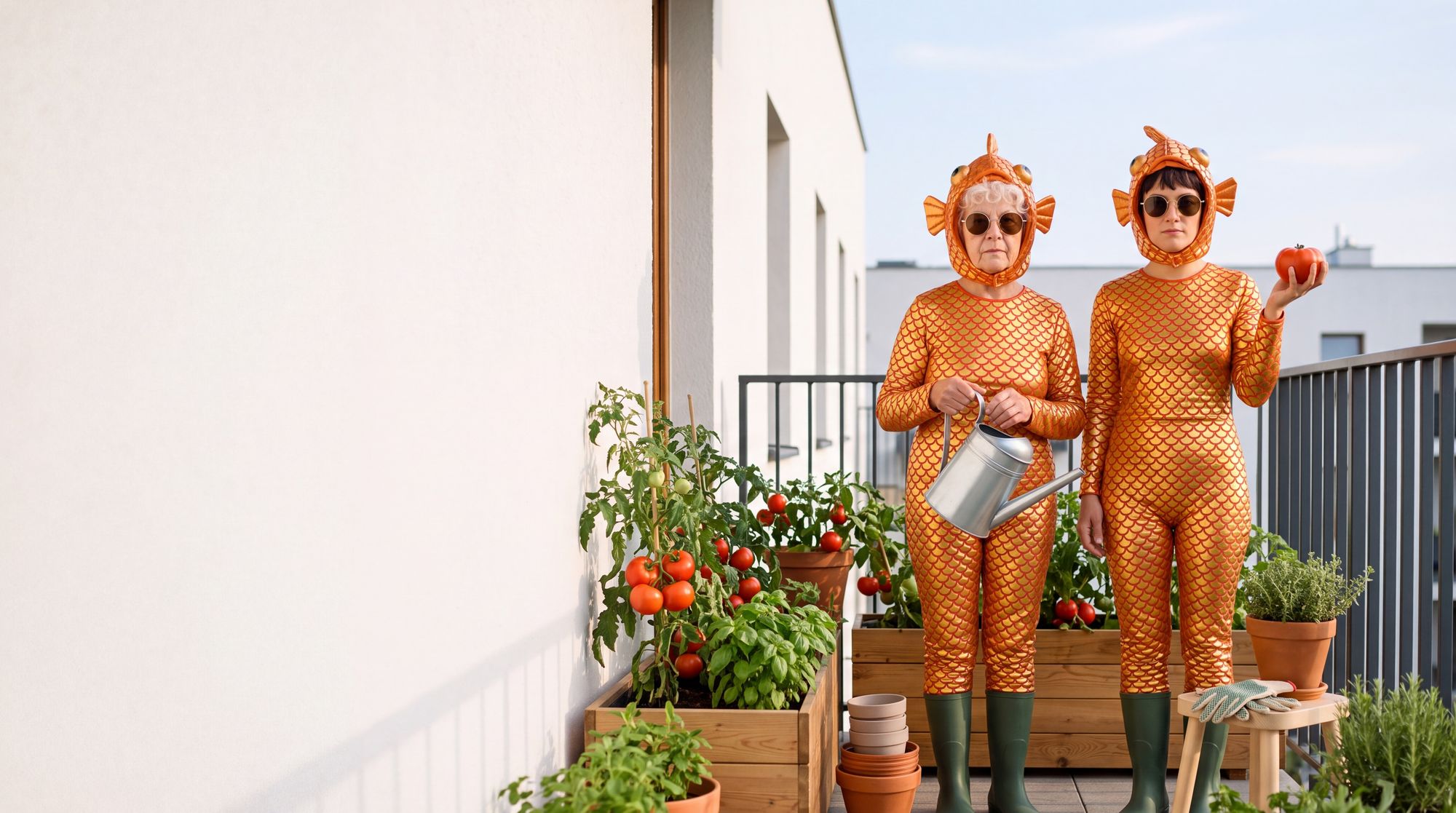 Zwei Goldfisch-Damen gießen Tomaten und Kräuter auf ihrem sonnigen Balkon.